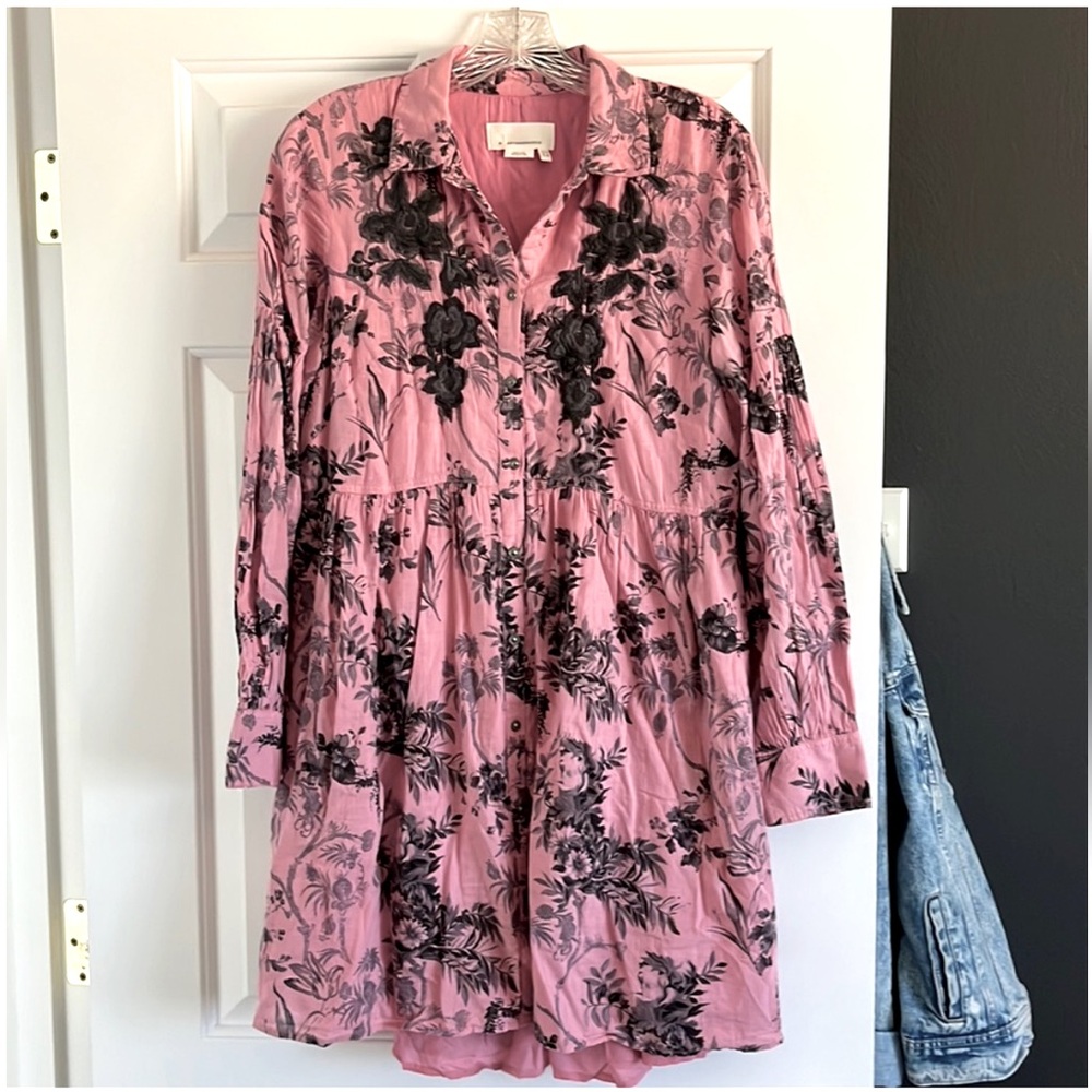 Anthropologie Lavinia embroidered shirt dress pink